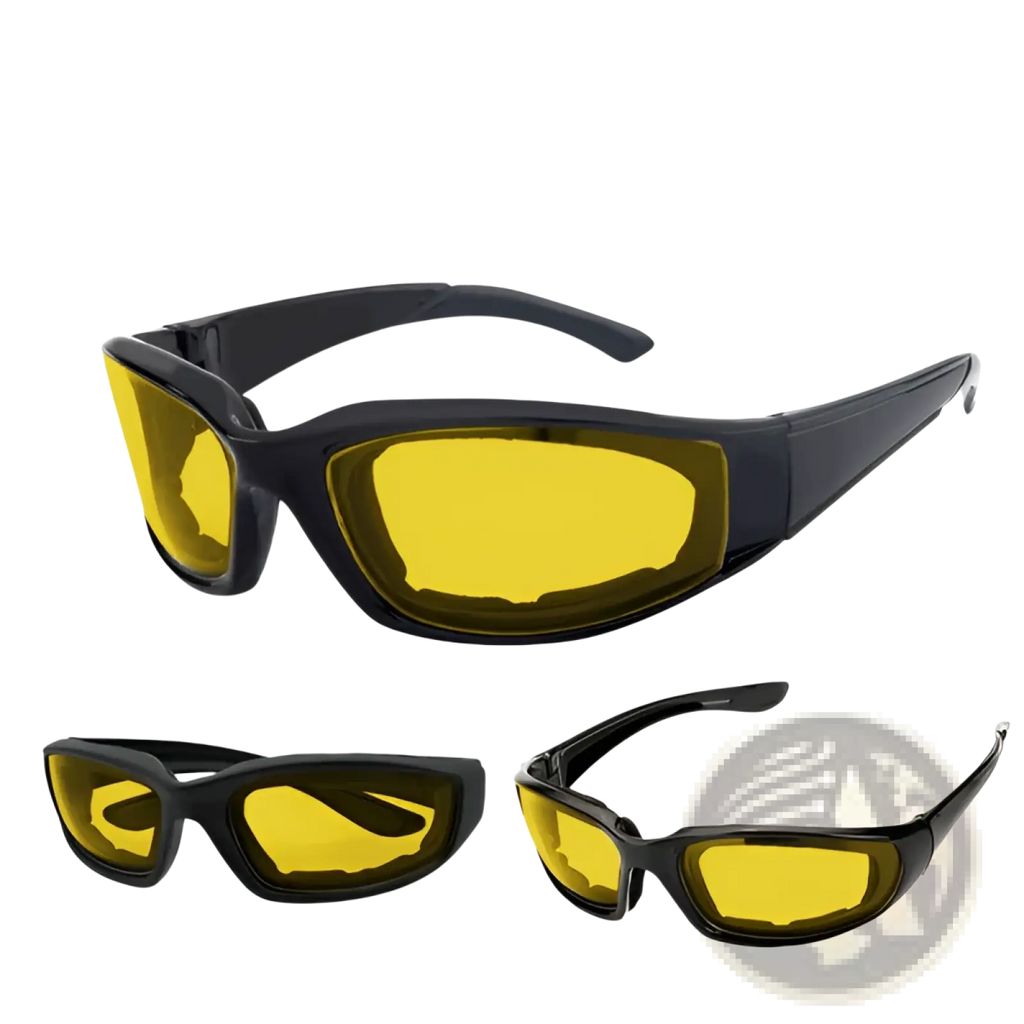 Black-framed anti-glare yellow lens padded motorcycle riding glasses designed for enhanced low-light visibility