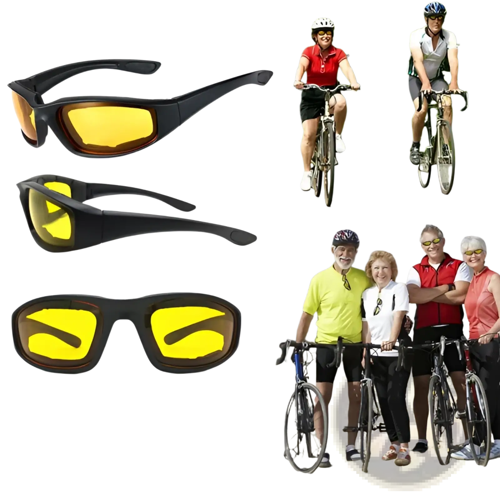 Black-framed anti-glare yellow lens padded motorcycle riding glasses designed for cycling use three pack