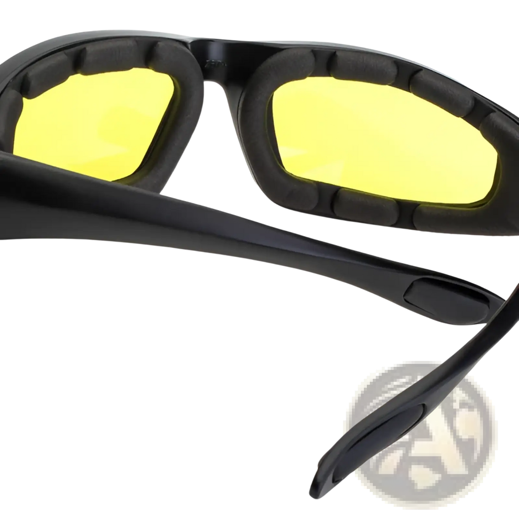 Black-framed anti-glare yellow lens padded motorcycle riding glasses with textured temple tips in a 3 pack