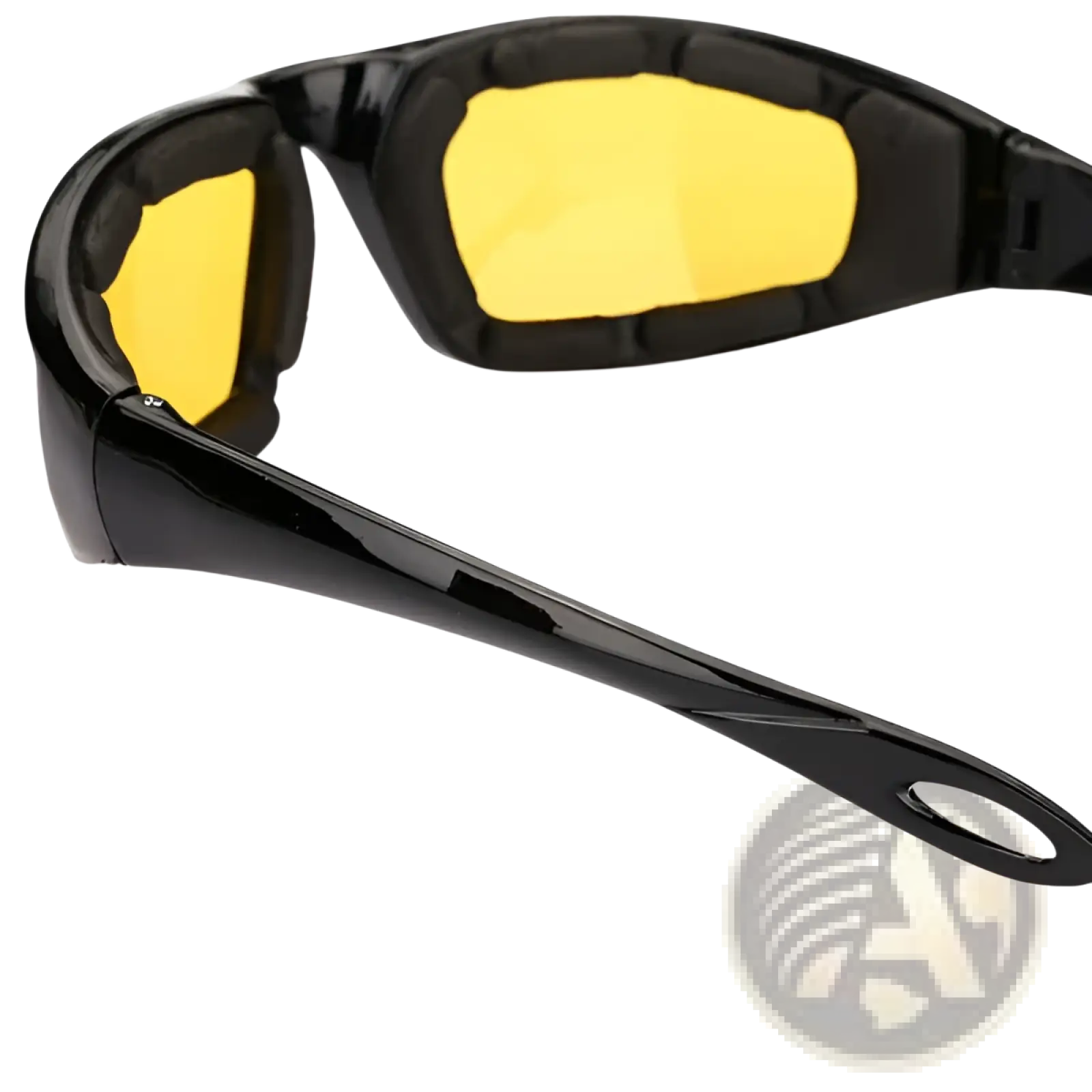 Black-framed anti-glare motorcycle riding glasses with bright yellow lenses and padded design in a 3 pack