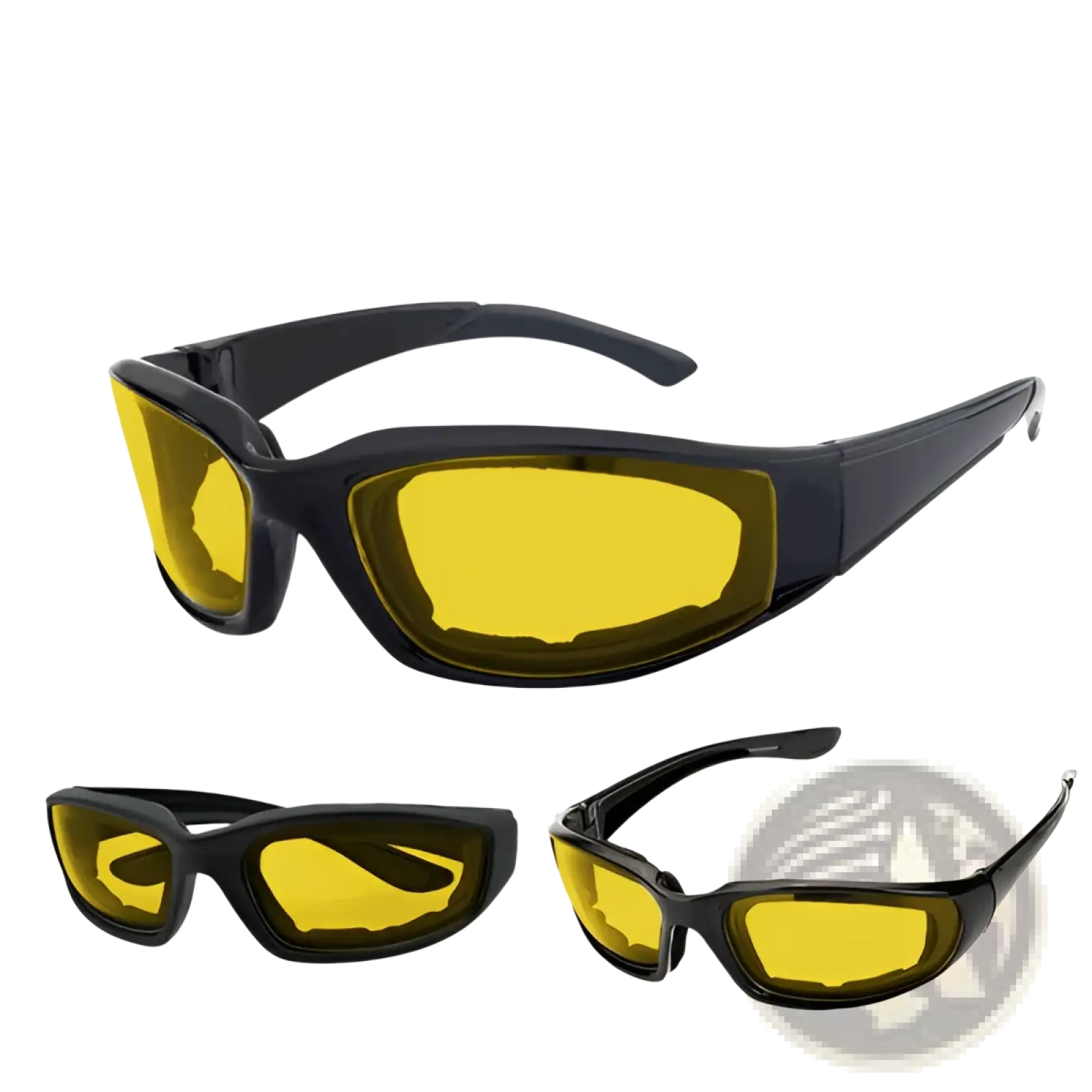 Black-framed anti-glare motorcycle riding glasses with vibrant yellow lenses designed for enhanced low-light visibility