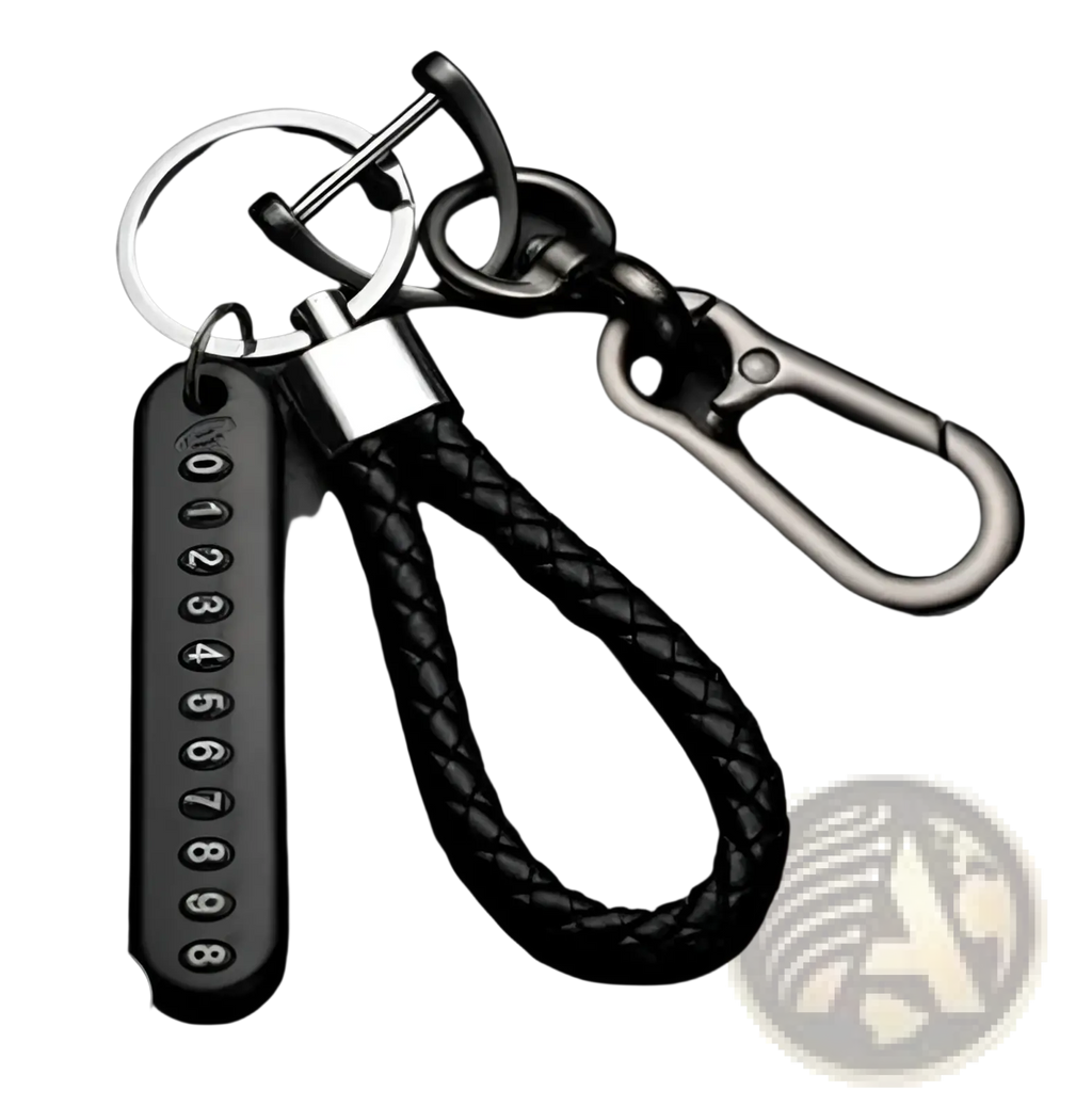 Black braided leather anti-lost car key ring pendant with stainless steel numeric tag and durable carabiner clip
