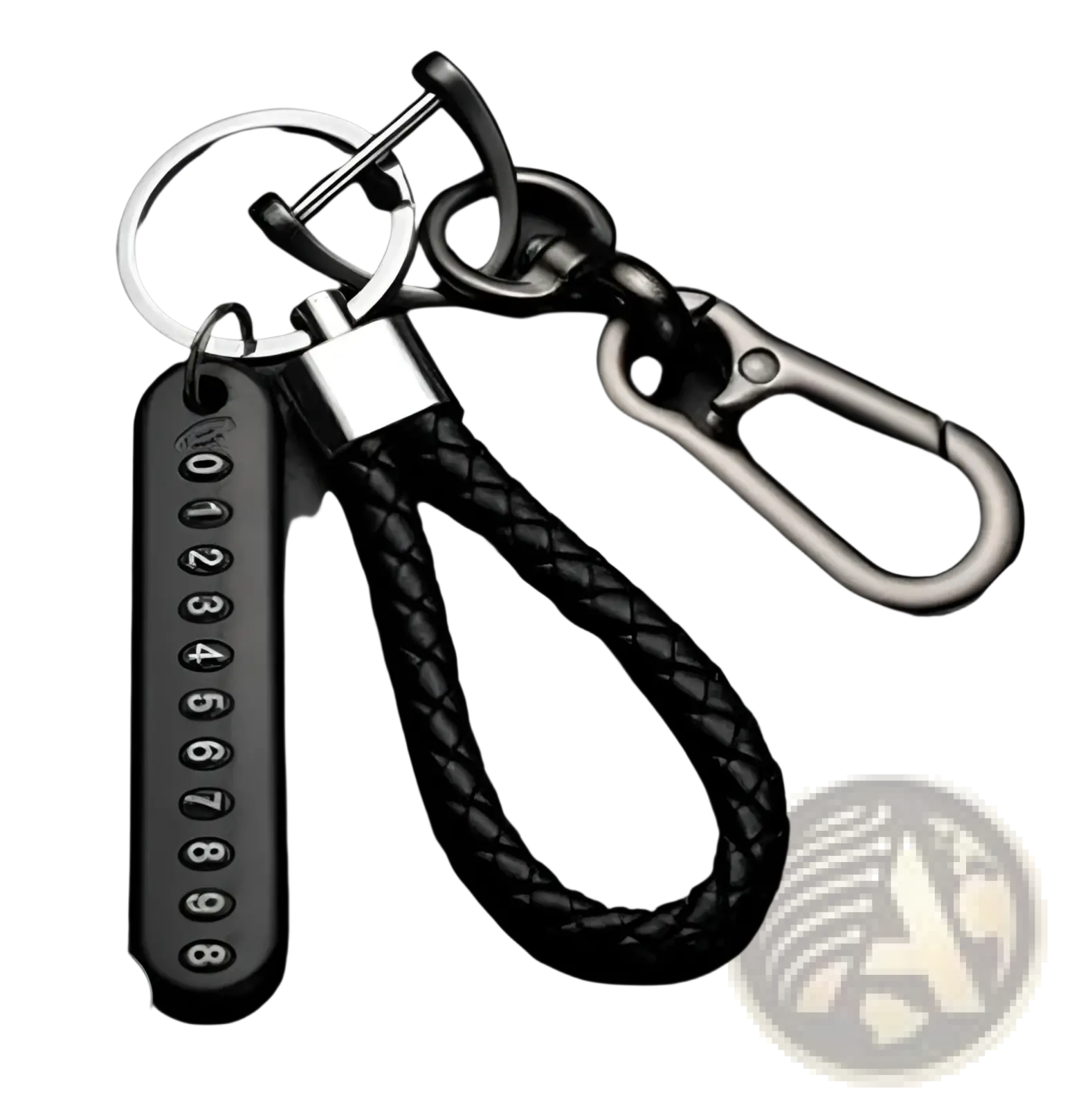 Black braided leather anti-lost car key ring pendant with stainless steel numeric tag and durable carabiner clip