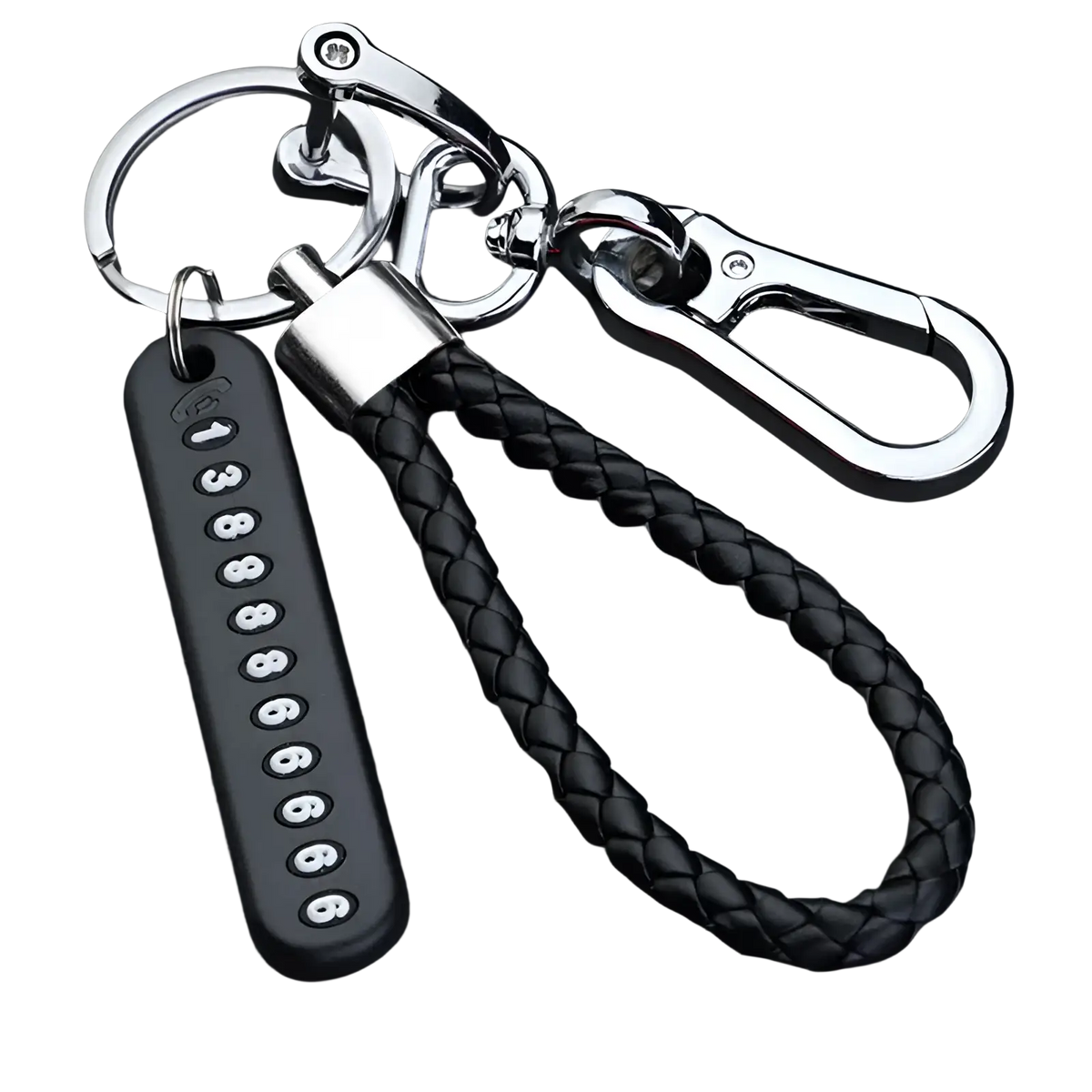 Black braided leather anti-lost car key ring pendant with silver-toned stainless steel clasp and numbered tag