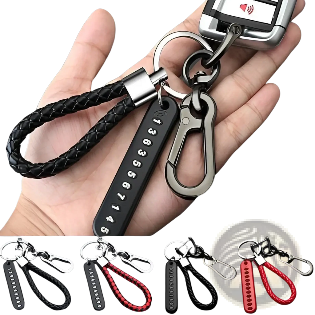 Black braided leather anti-lost car key ring pendant with stainless steel numeric tag and carabiner clip for secure use