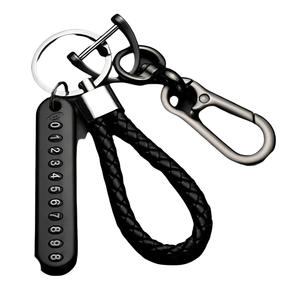 Black braided leather anti-lost car key ring pendant with stainless steel numeric tag and durable carabiner clip