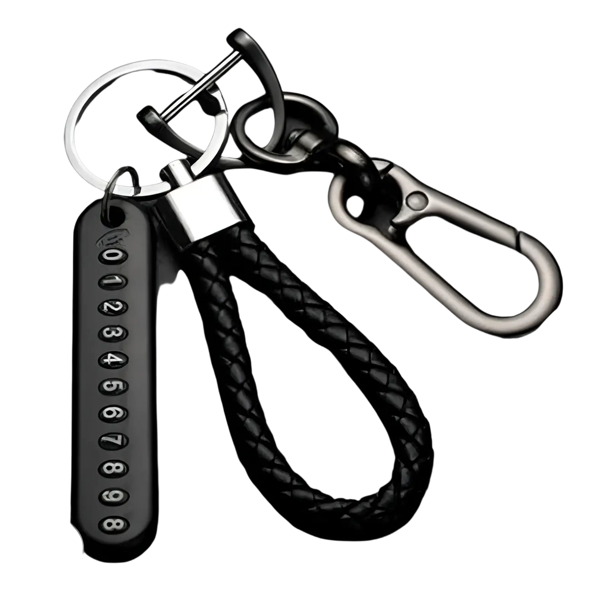 Black braided leather anti-lost car key ring pendant with stainless steel numeric tag and durable carabiner clip