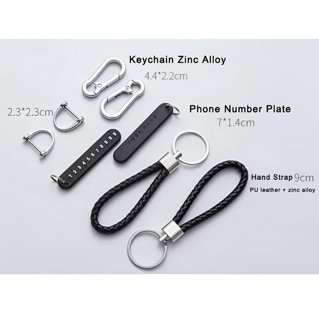 Black braided pu leather hand strap with silver zinc alloy hardware for anti-lost stainless steel car key ring pendant