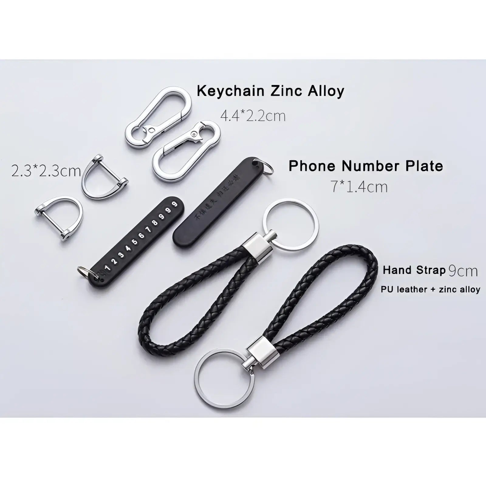 Black braided pu leather hand strap with silver zinc alloy hardware for anti-lost stainless steel car key ring pendant