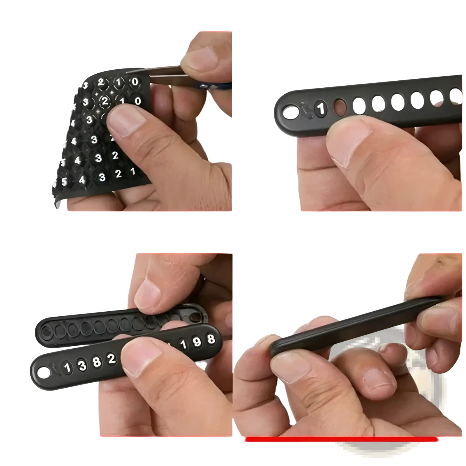 Black plastic combination lock with numbered dials and keyhole for resetting in anti-lost stainless steel car key ring pendant