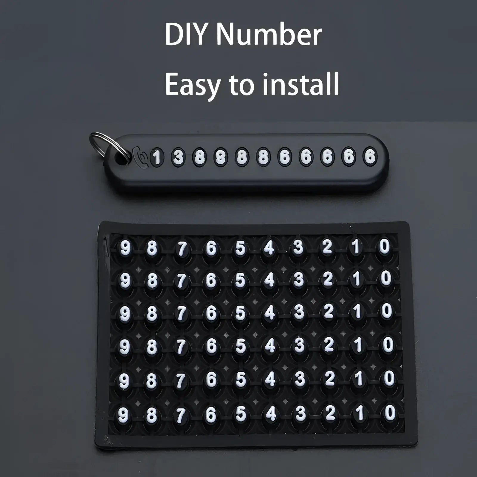Black plastic diy number plate kit with white numeric digits for easy installation included with stainless steel key ring pendant