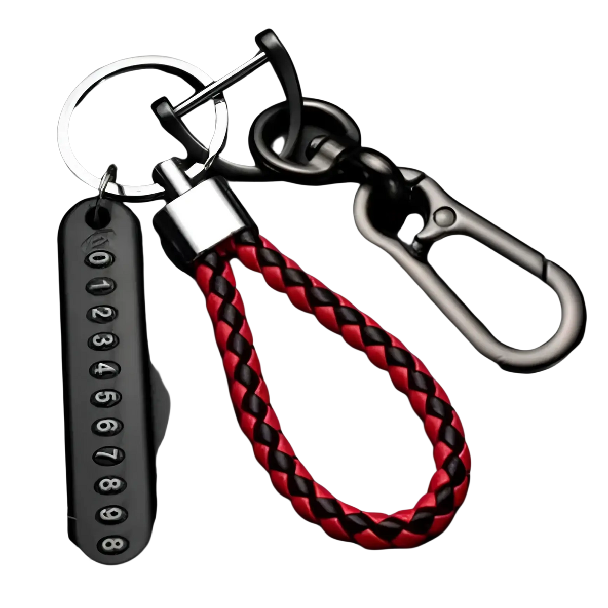 Red and black braided leather anti-lost car key ring pendant with silver stainless steel clasp carabiner and numbered tag