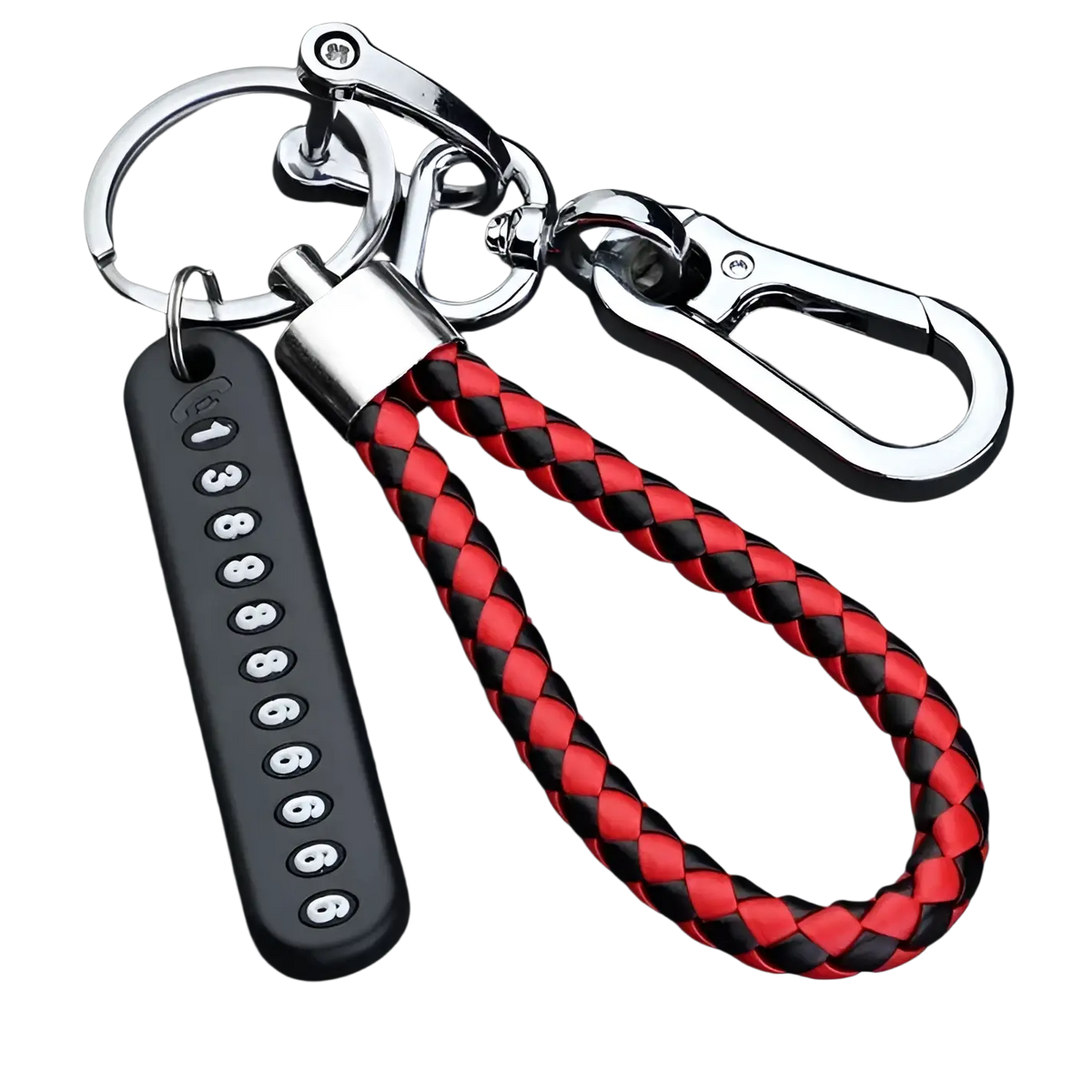 Red and black braided leather anti-lost stainless steel car key ring pendant with silver metal clasp and key fob