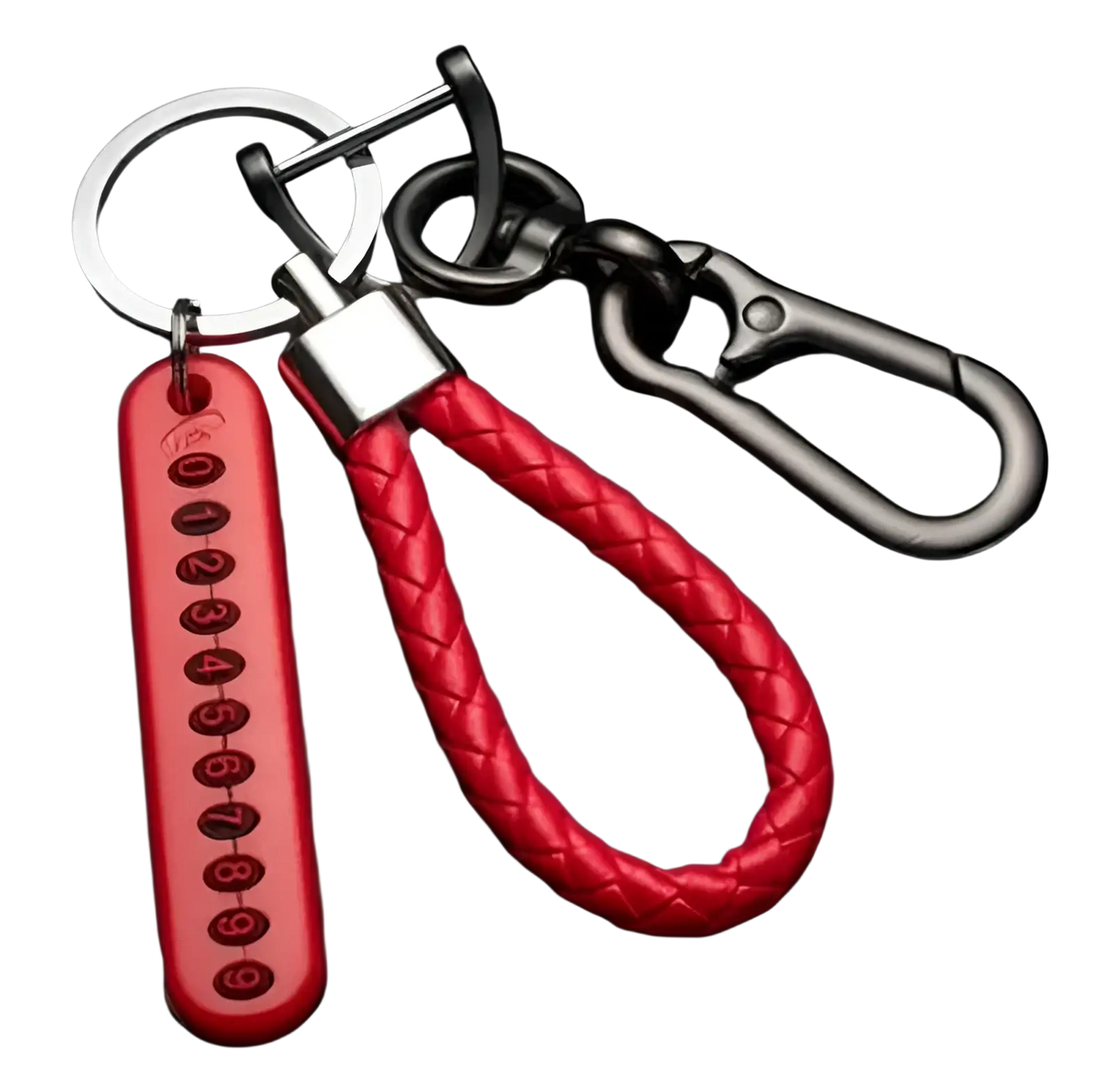 Red braided leather anti-lost car key ring pendant with silver stainless steel clasp and numbered red tag