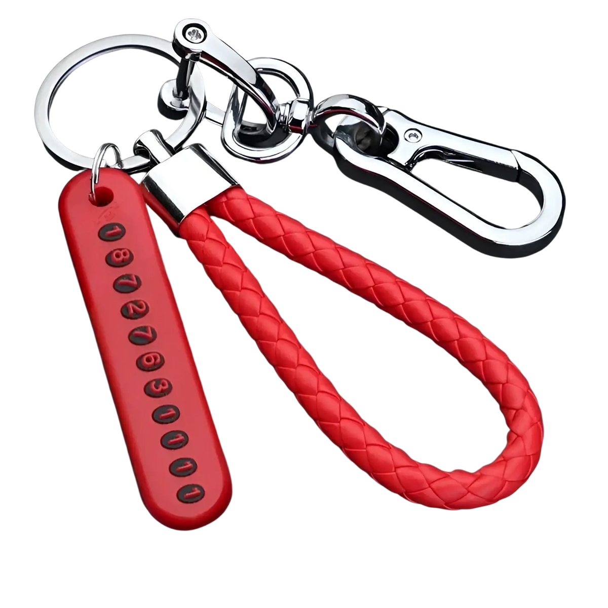 Red braided leather anti-lost car key ring pendant with silver-toned stainless steel clasp and numbered tag