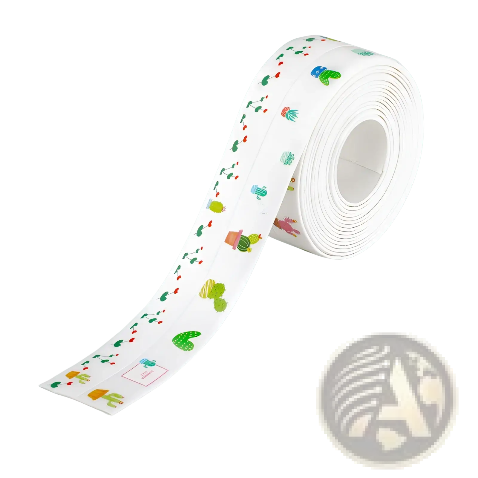 A roll of white pvc anti-mildew kitchen sealant tape with colorful cartoon cactus and plant designs in green red blue and yellow