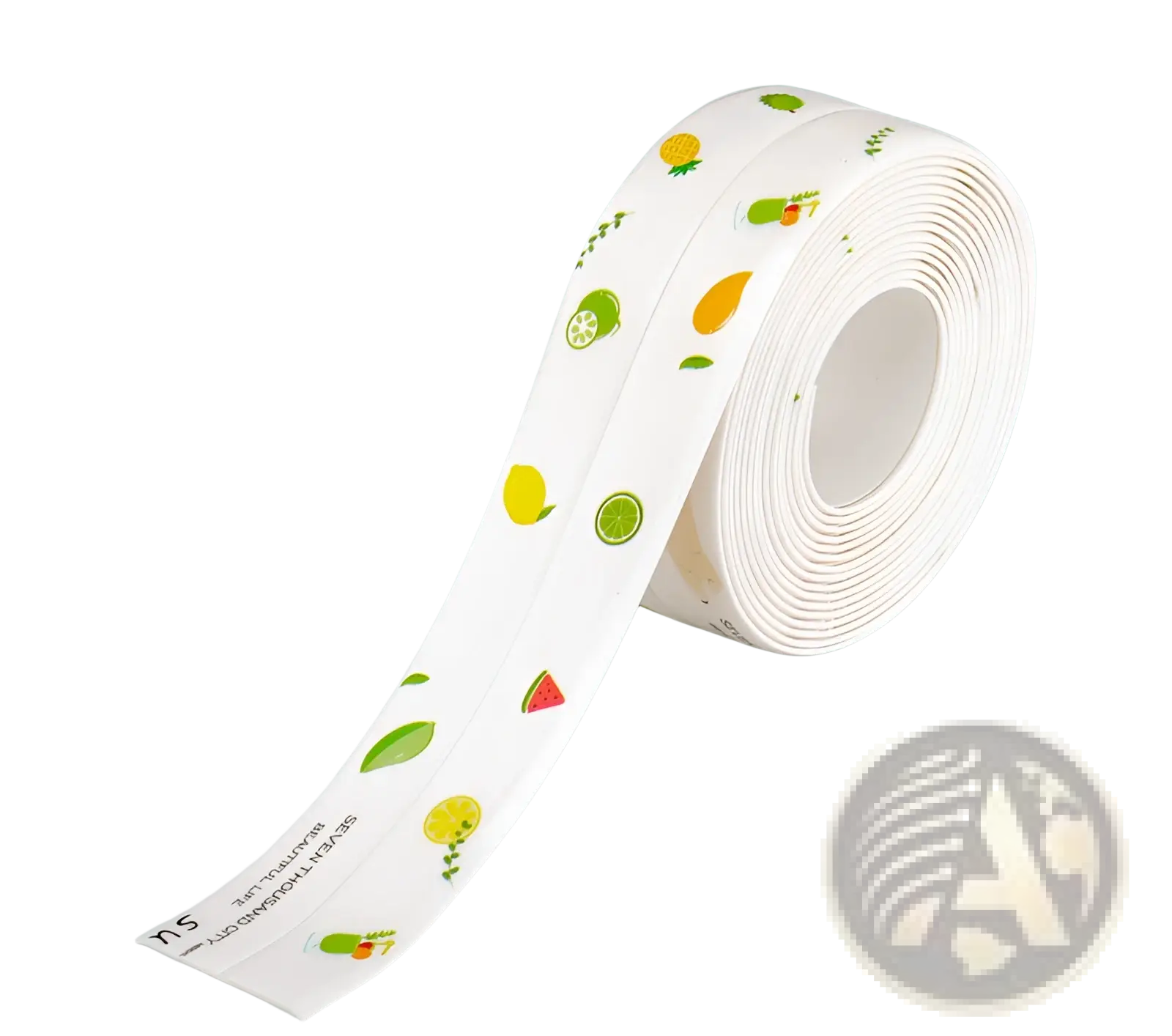 A roll of white pvc anti-mildew kitchen sealant tape with colorful fruit slice and leaf patterns