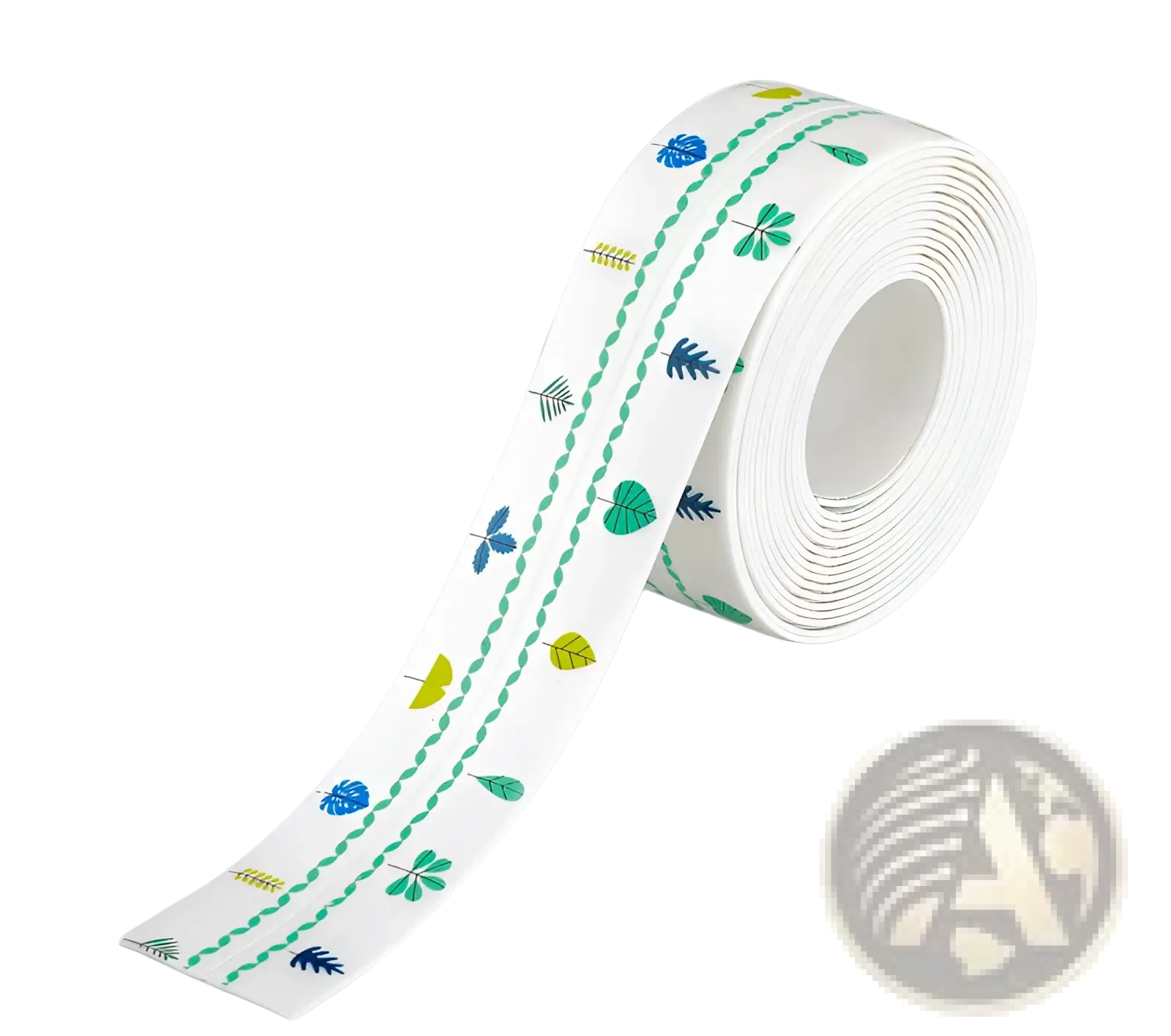 A roll of white pvc anti-mildew kitchen sealant tape with a green blue and yellow leaf pattern and dotted lines