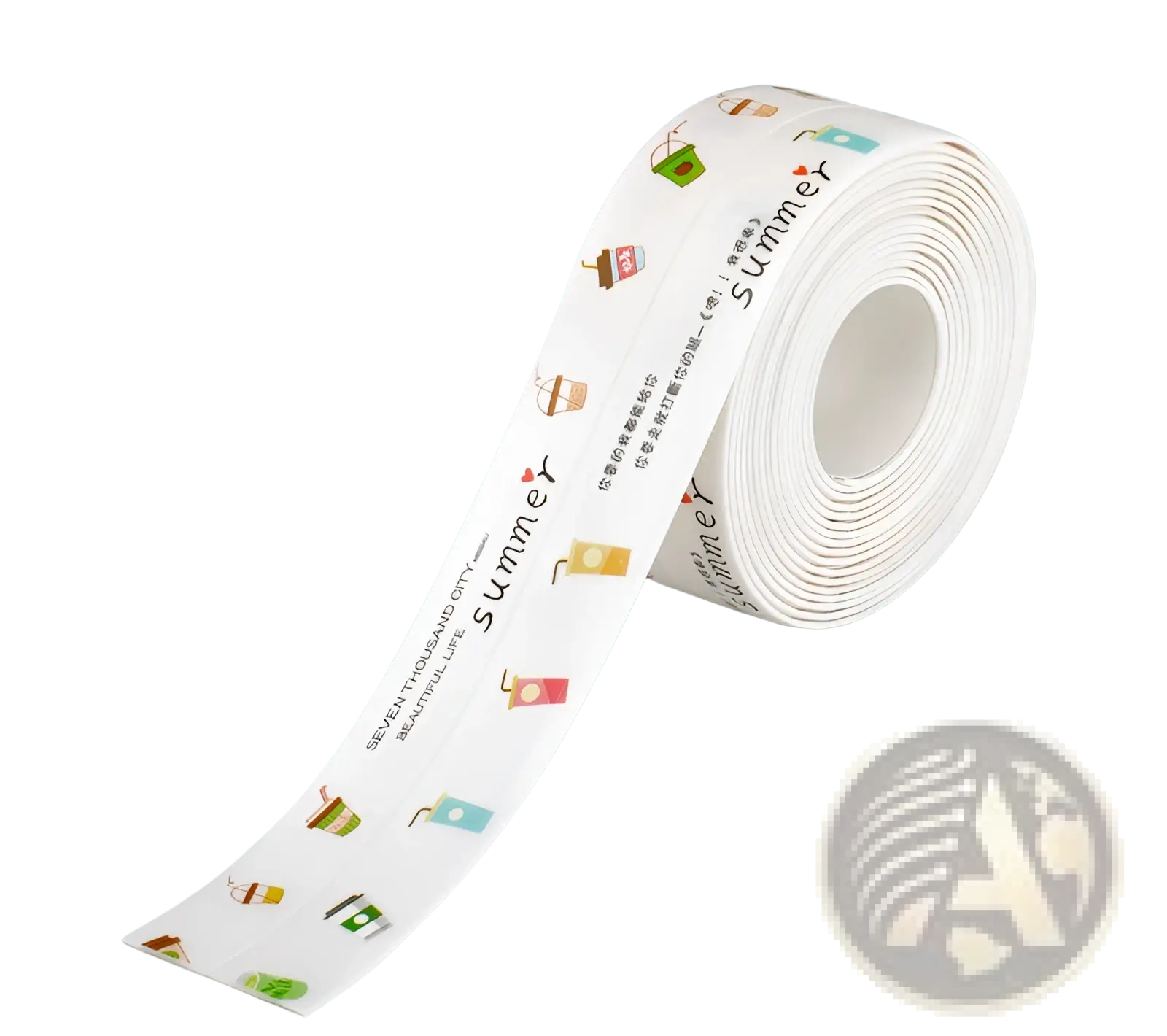 White pvc anti-mildew kitchen sealant tape with colorful summer-themed drink cups and baskets waterproof strip