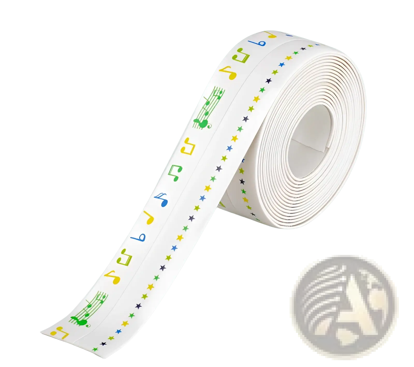 A roll of white pvc waterproof anti-mildew kitchen sealant tape with colorful musical notes and star patterns