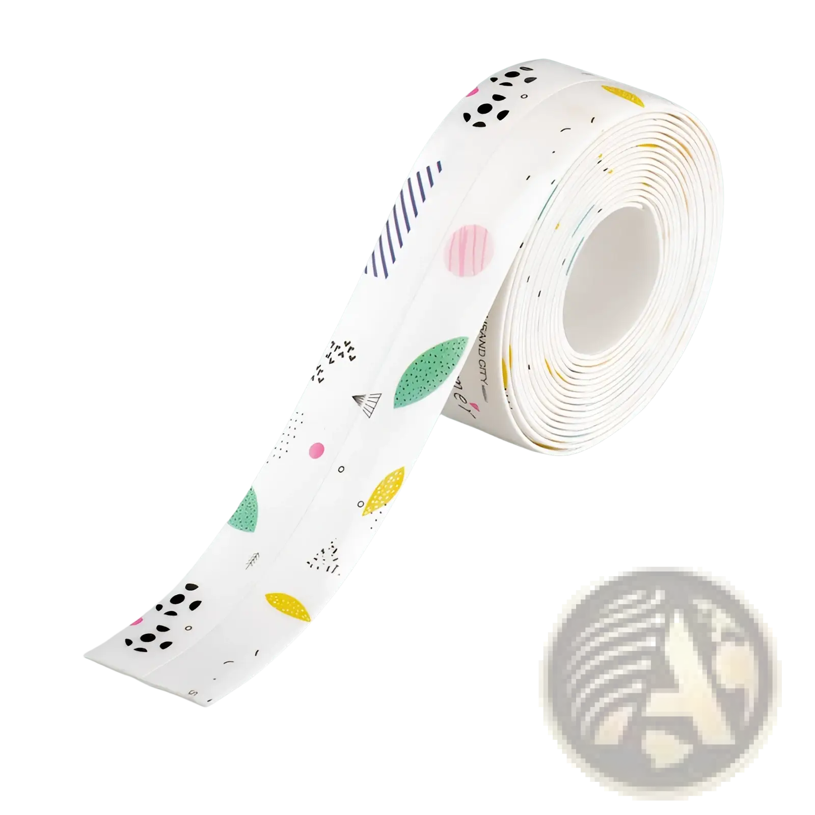 A roll of white pvc anti-mildew kitchen sealant tape with colorful geometric shapes and dots waterproof strip