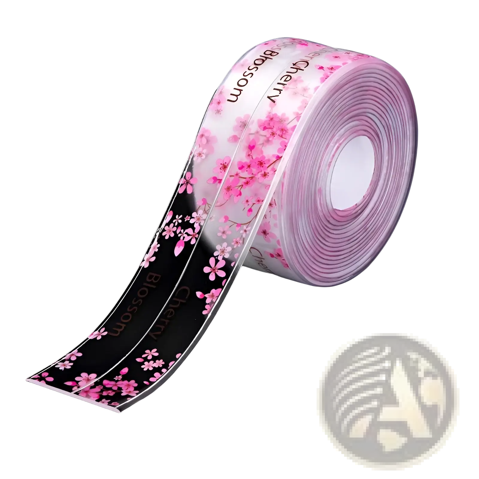 A roll of transparent pvc anti-mildew kitchen sealant tape with pink cherry blossom pattern and blossom text