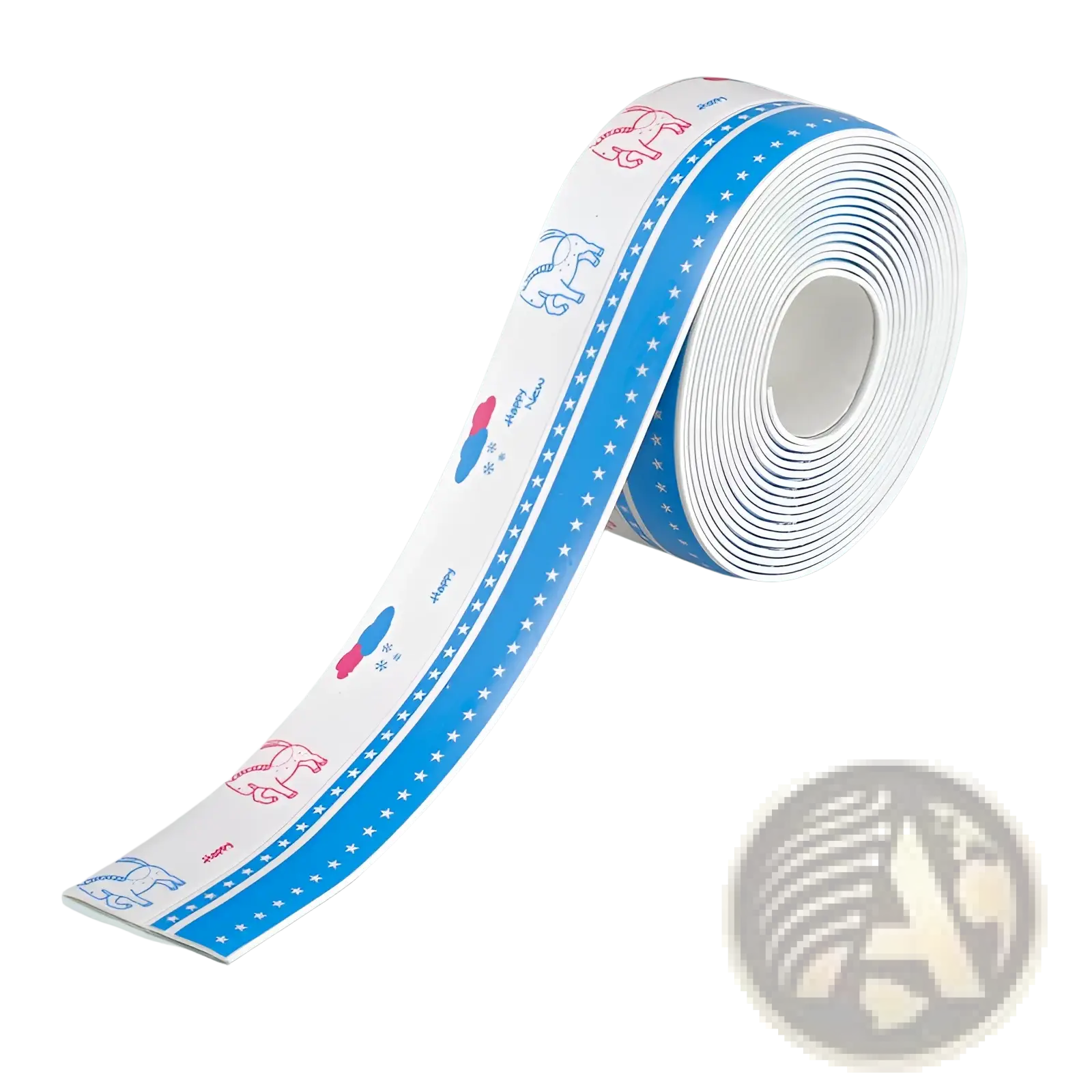 A roll of blue and white pvc anti-mildew kitchen sealant tape with cartoon horses stars and pink happy text
