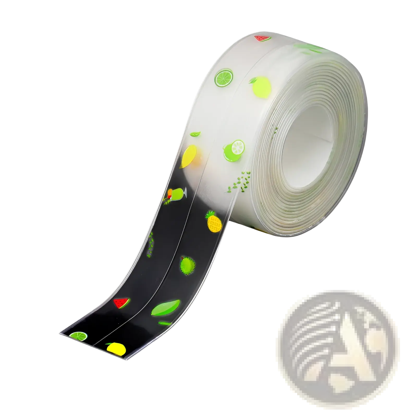 A roll of transparent pvc anti-mildew kitchen sealant tape with colorful fruit decals on a glossy black strip