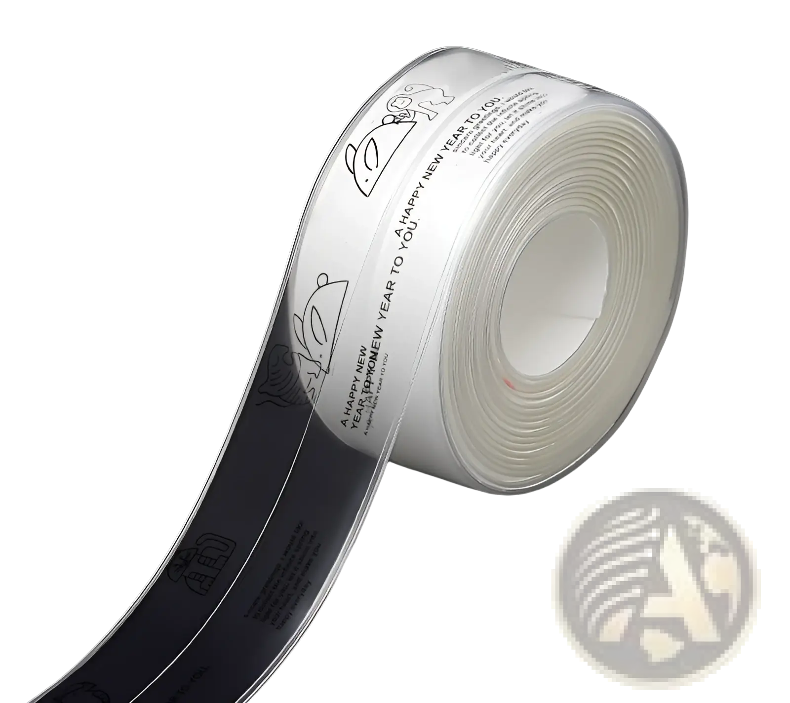 Clear adhesive anti-mildew kitchen sealant tape pvc waterproof strip with black printed happy new year text on white background