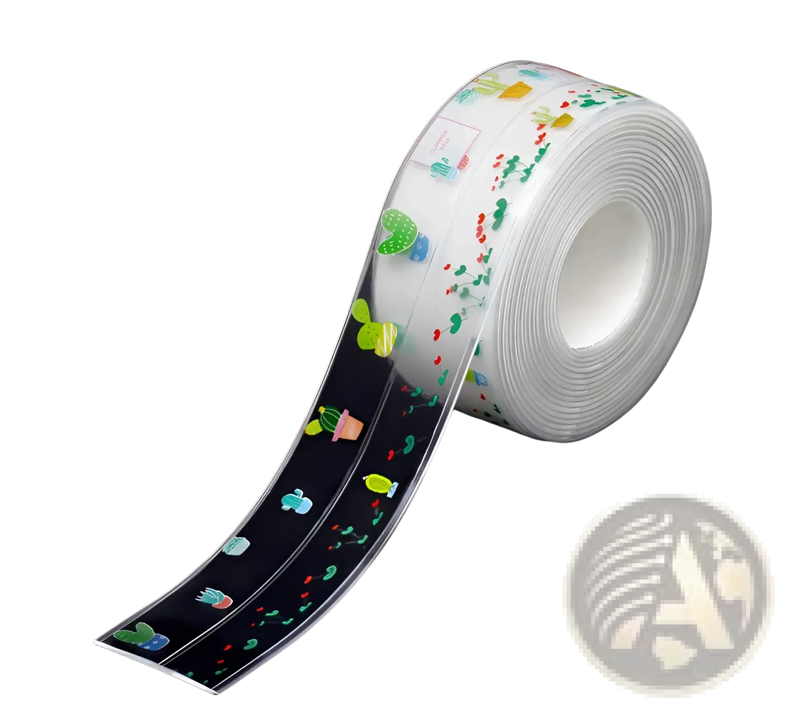 A roll of transparent pvc anti-mildew kitchen sealant tape with colorful cartoon cactus and plant designs on white background