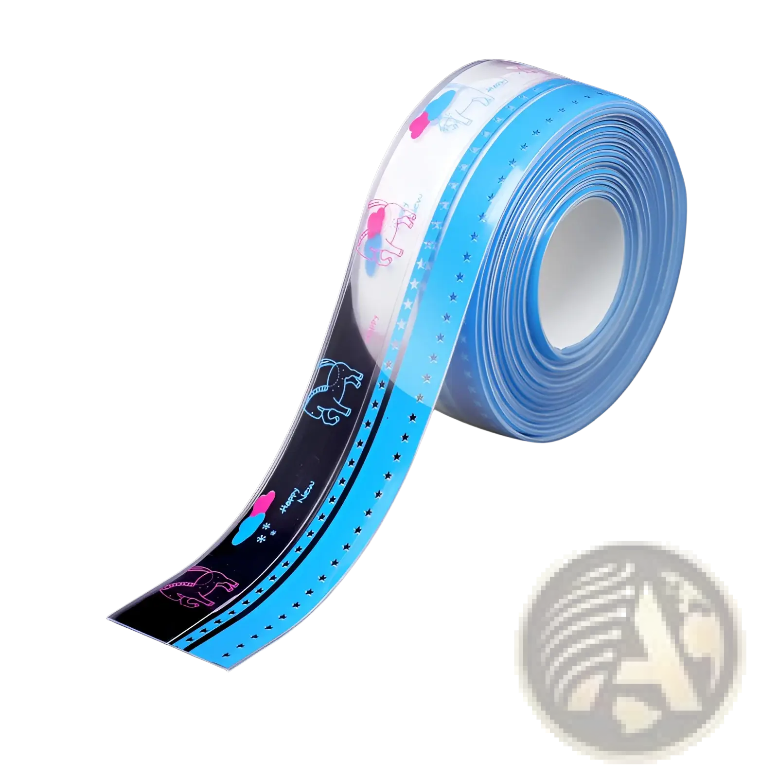 A roll of blue and white pvc waterproof anti-mildew kitchen sealant tape with pink and black unicorn star designs