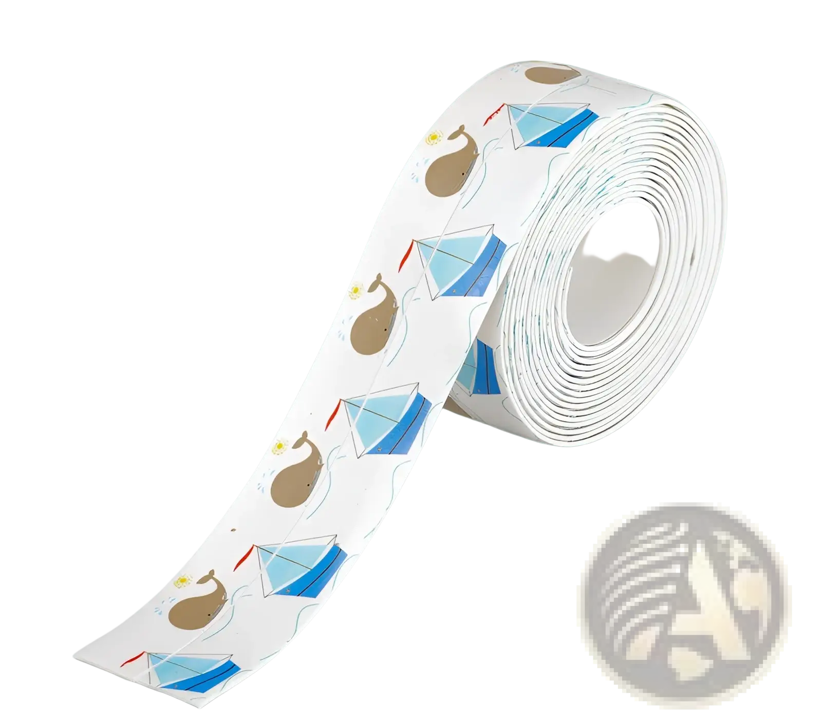 A roll of white pvc anti-mildew kitchen sealant tape with blue kites and brown whales waterproof strip