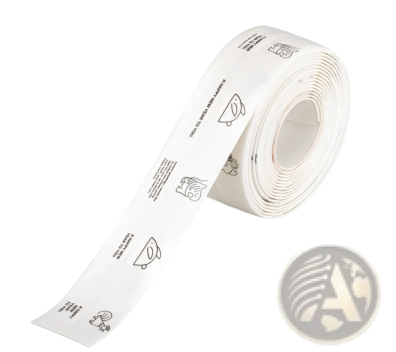 A white pvc adhesive tape roll with black drawings designed as anti-mildew waterproof kitchen sealant strip