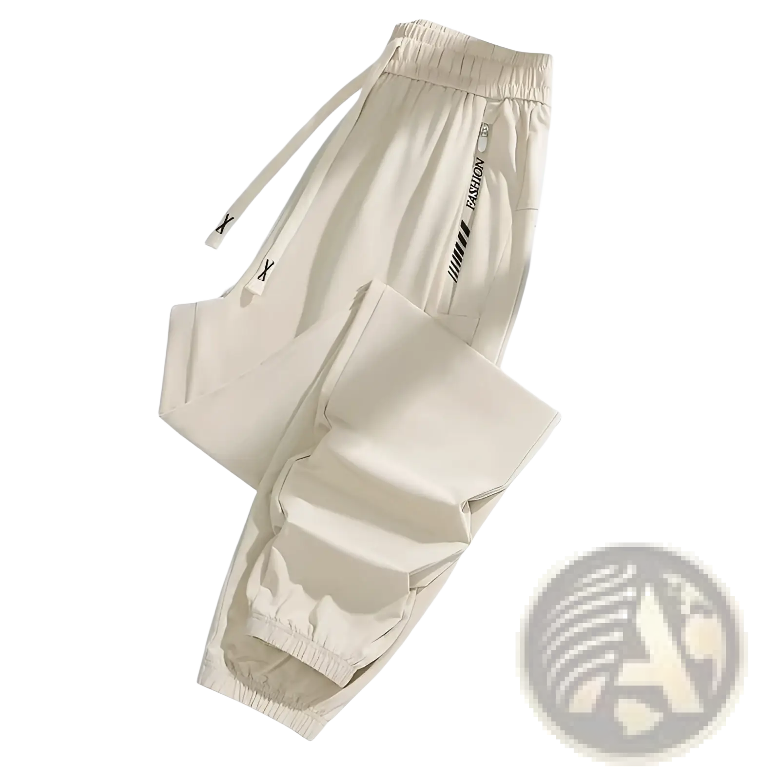 Beige anti-mosquito casual athletic cargo pants with elastic waistband drawstring and fashion logo patch on side seam