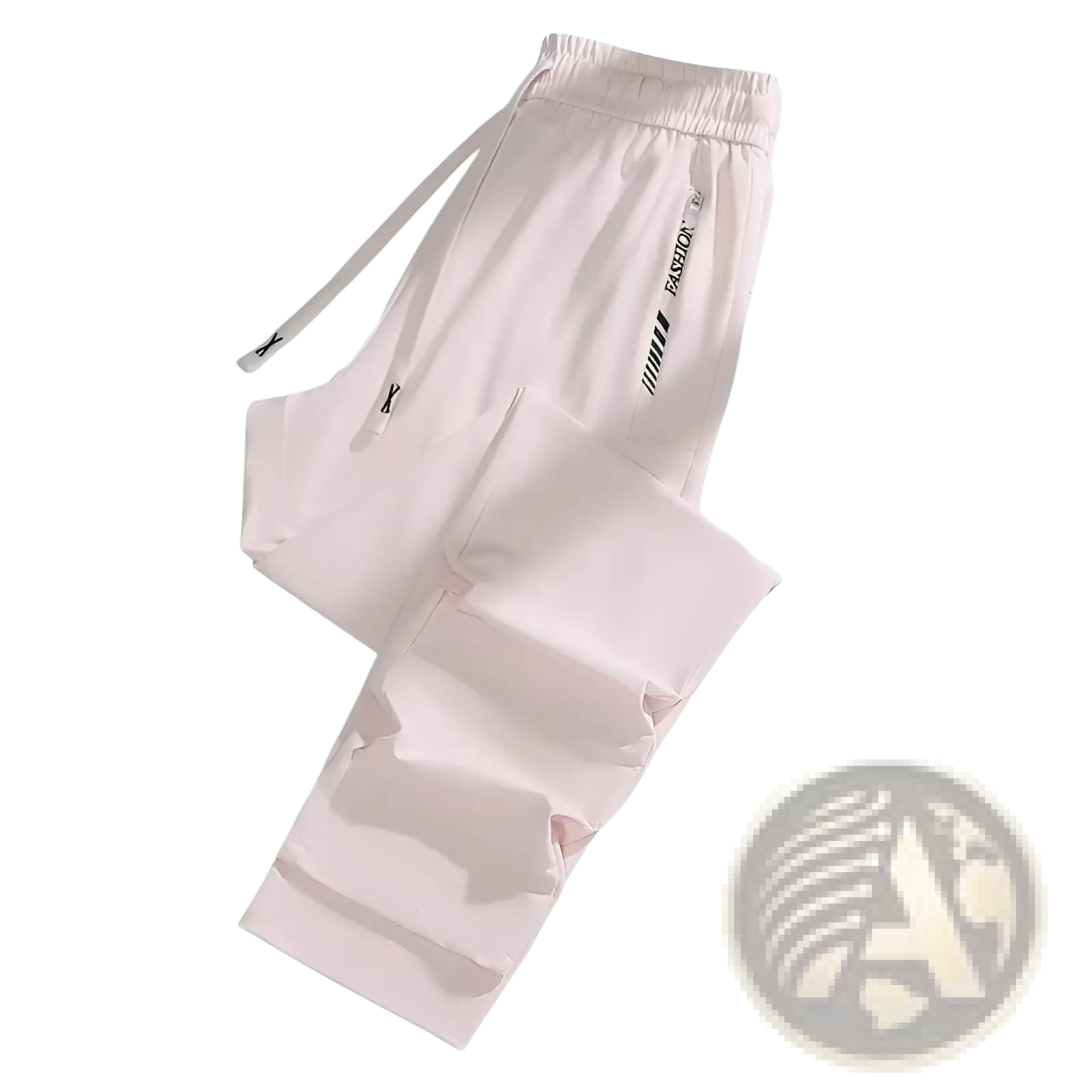 Light pink slim-fit anti-mosquito jogger pants with drawstring waistband and black vertical branding on side seam