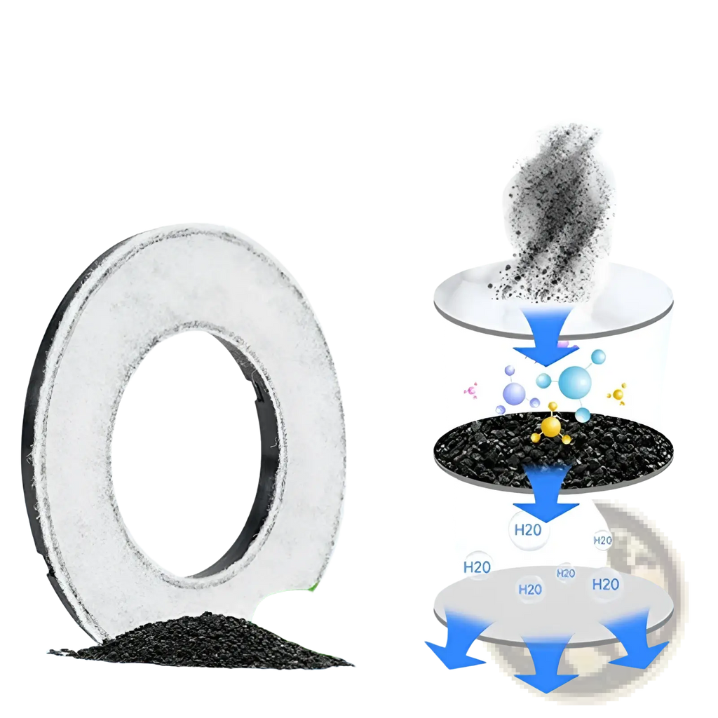 White circular air filter with black inner ring and textured surface beside dark granular material for anti overflow 2l pet water basin slow feeder