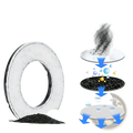 White circular air filter with black inner ring and textured surface beside dark granular material for anti overflow 2l pet water basin slow feeder