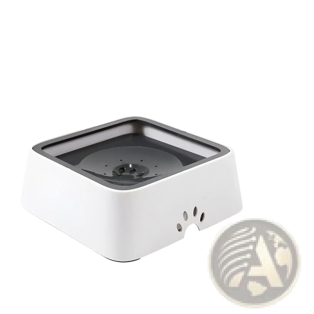 White rectangular anti overflow 2l pet water basin with black interior and paw print cutouts for slow feeding