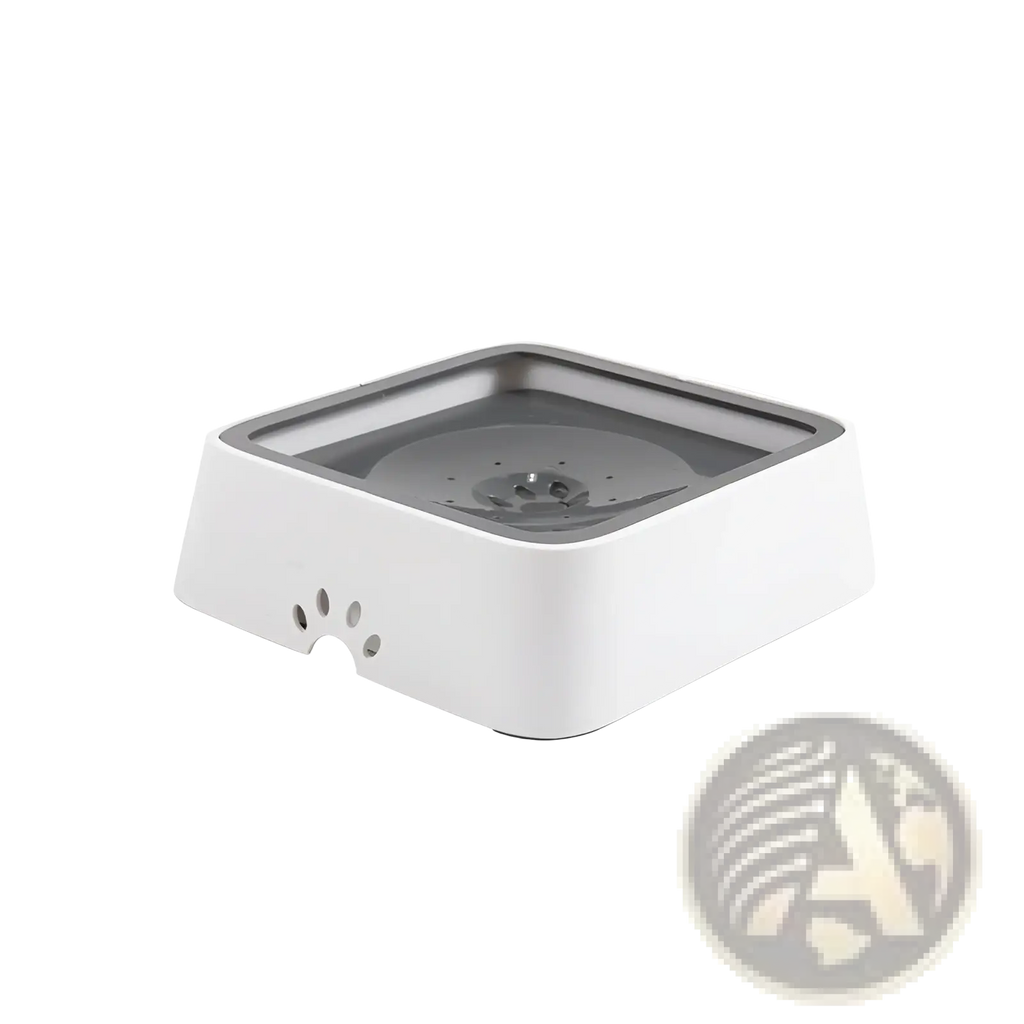 White plastic anti overflow 2l pet water basin with gray interior and paw print cutouts for slow feeding