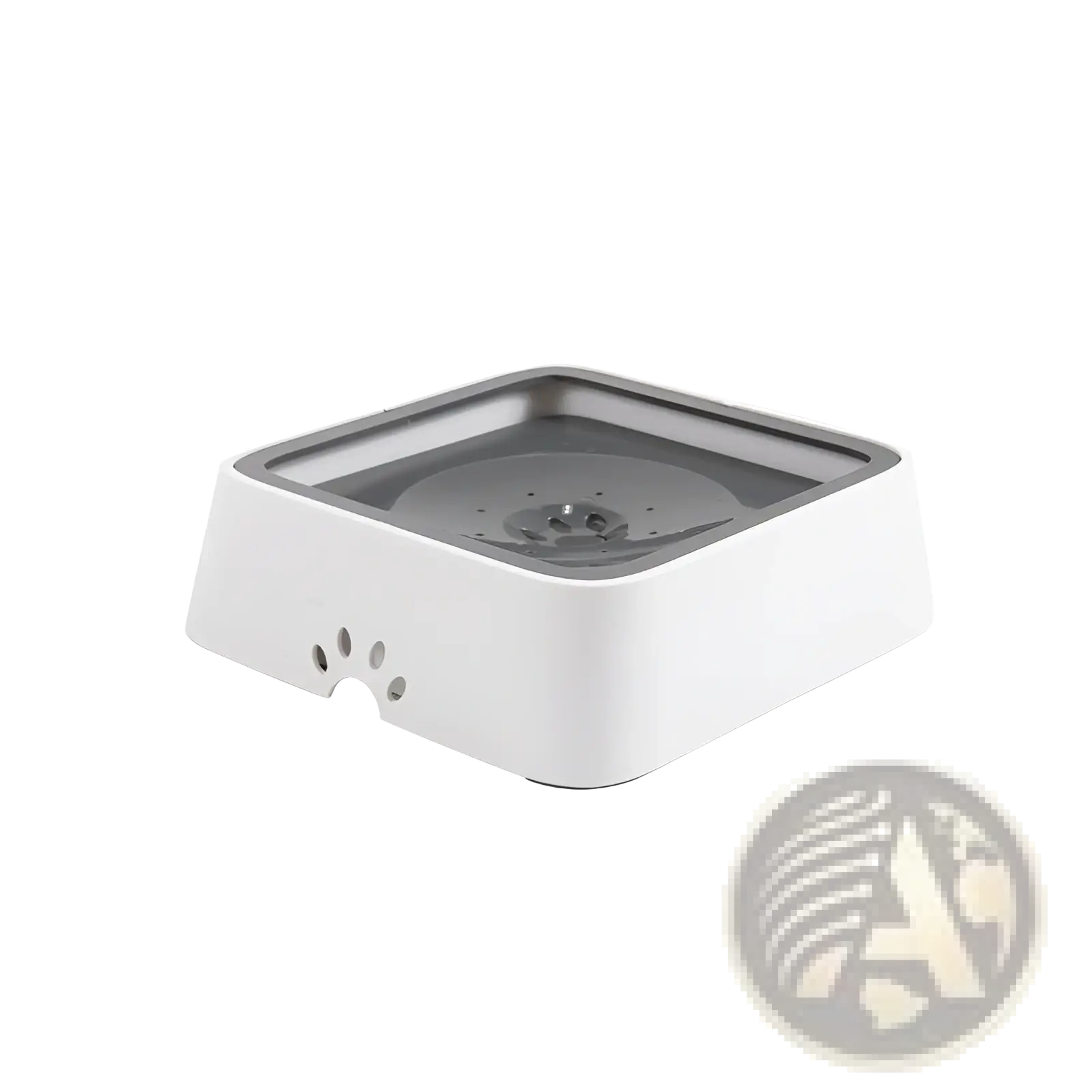 White plastic anti overflow 2l pet water basin with gray interior and paw print cutouts for slow feeding