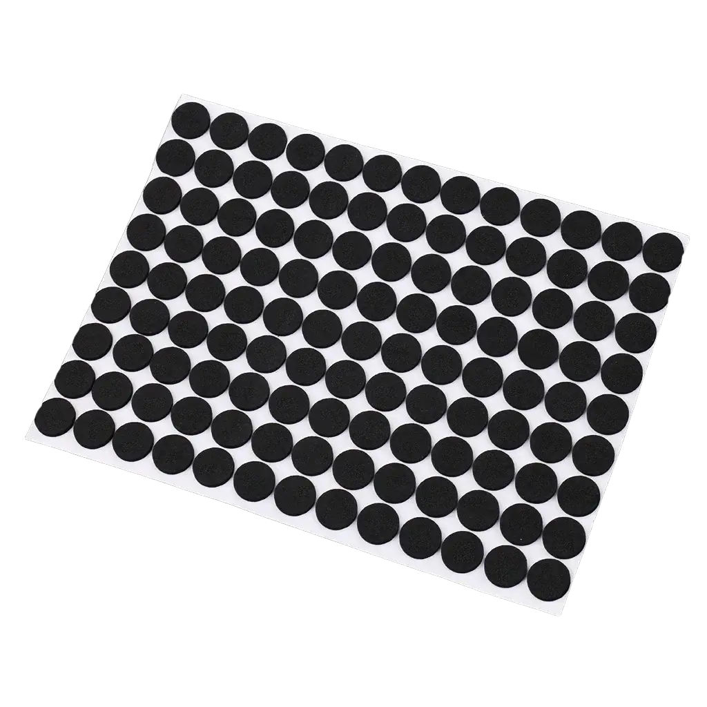 Black circular adhesive anti scratch rubber furniture pads neatly arranged on white backing sheet 5 sheets