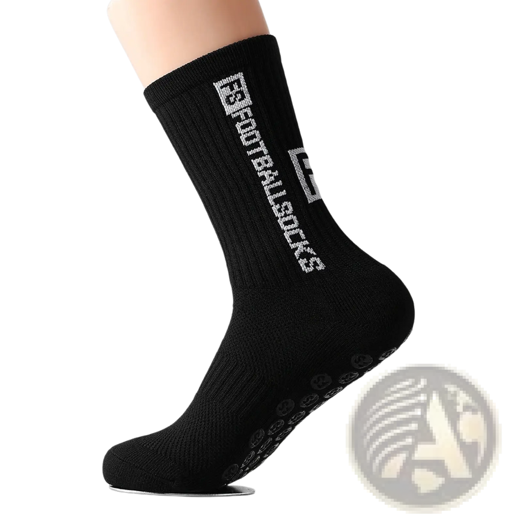 Black ribbed athletic football grip socks for men with anti-slip textured sole and white logo and text