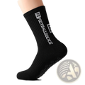 Black ribbed athletic football grip socks for men with anti-slip textured sole and white logo and text