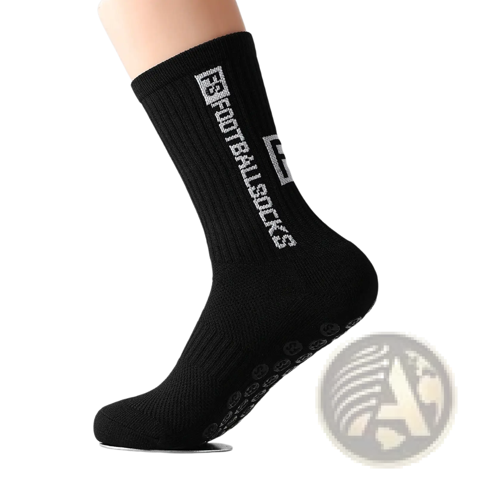 Black ribbed athletic football grip socks for men with anti-slip textured sole and white logo and text