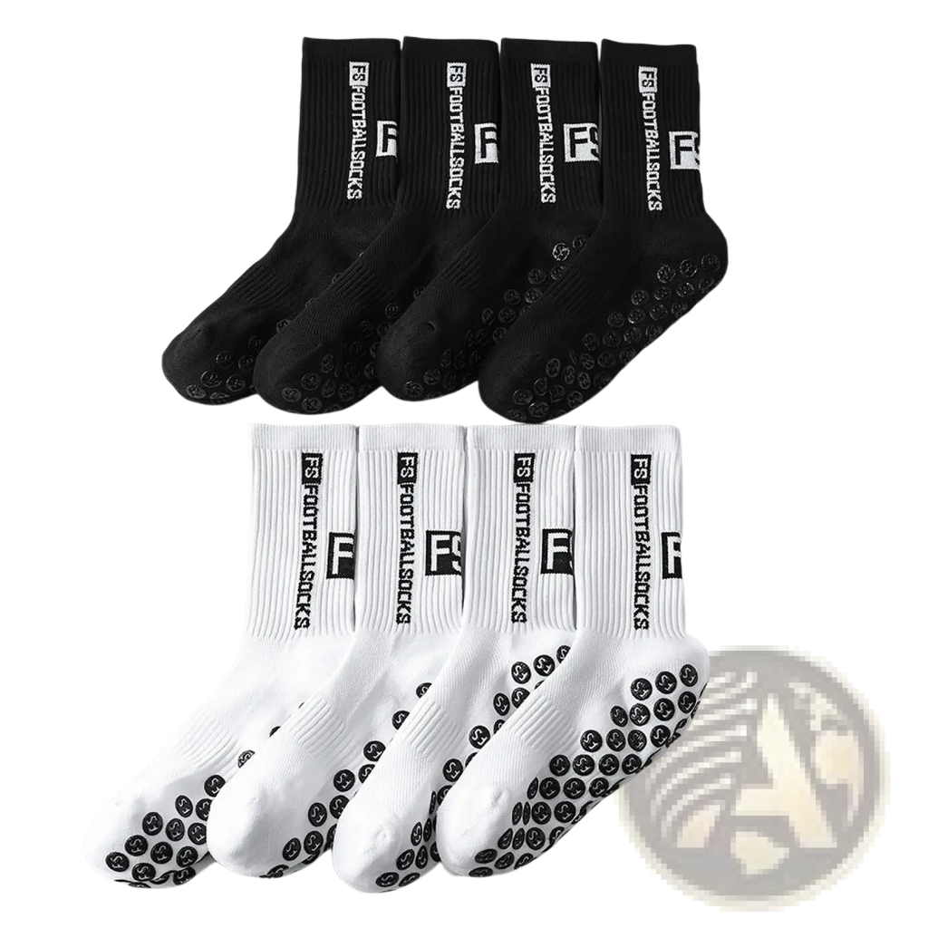 Black and white anti-slip football grip socks for men with textured sole patterns and ribbed cuff design shown from back side