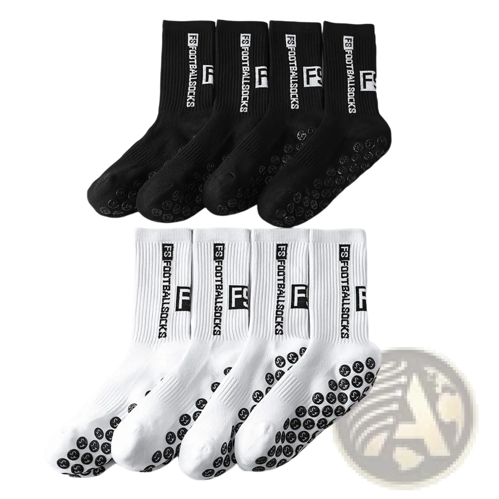 Black and white anti-slip football grip socks for men with textured sole patterns and ribbed cuff design shown from back side