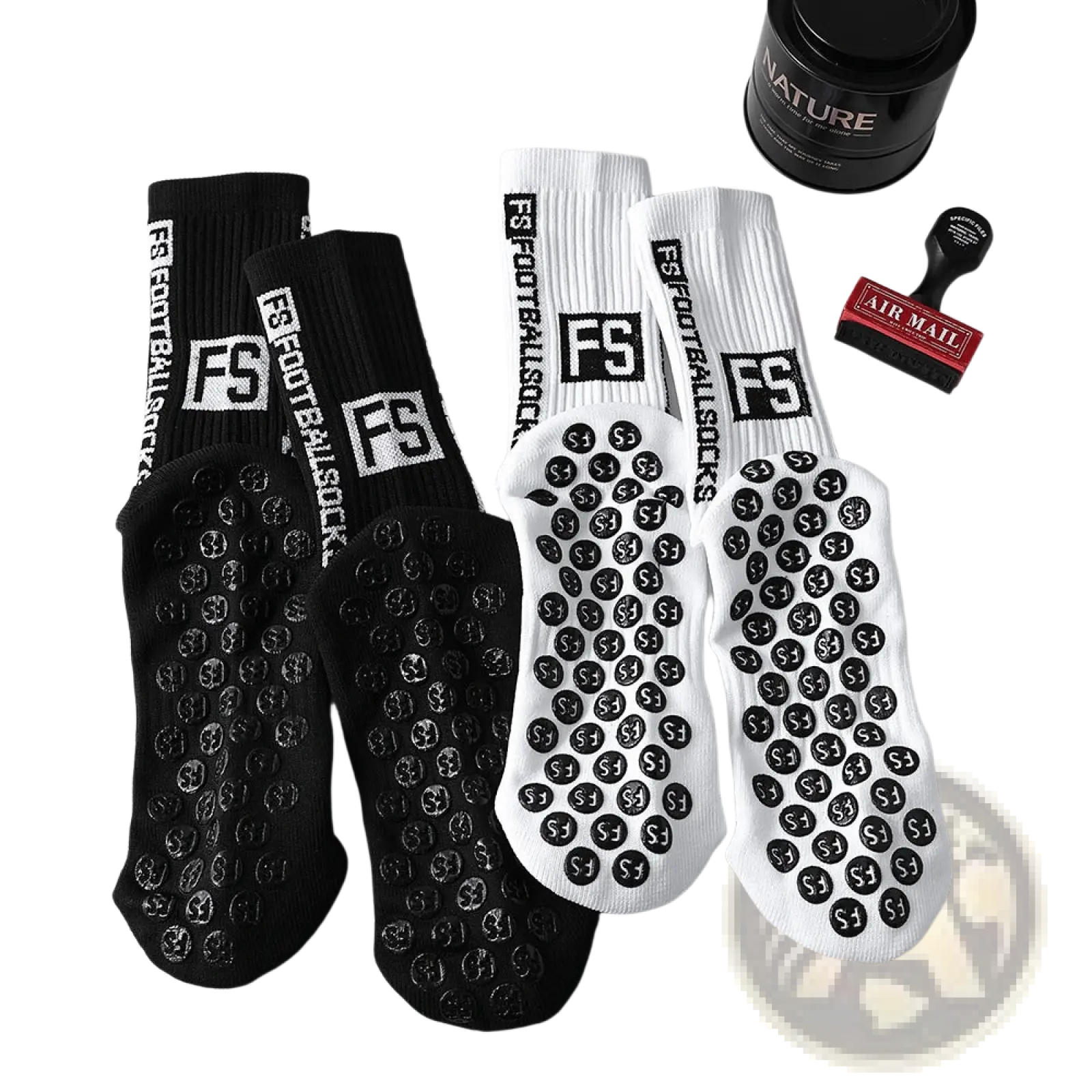 Black and white anti-slip football grip socks for men featuring fs branding on the cuff and sole