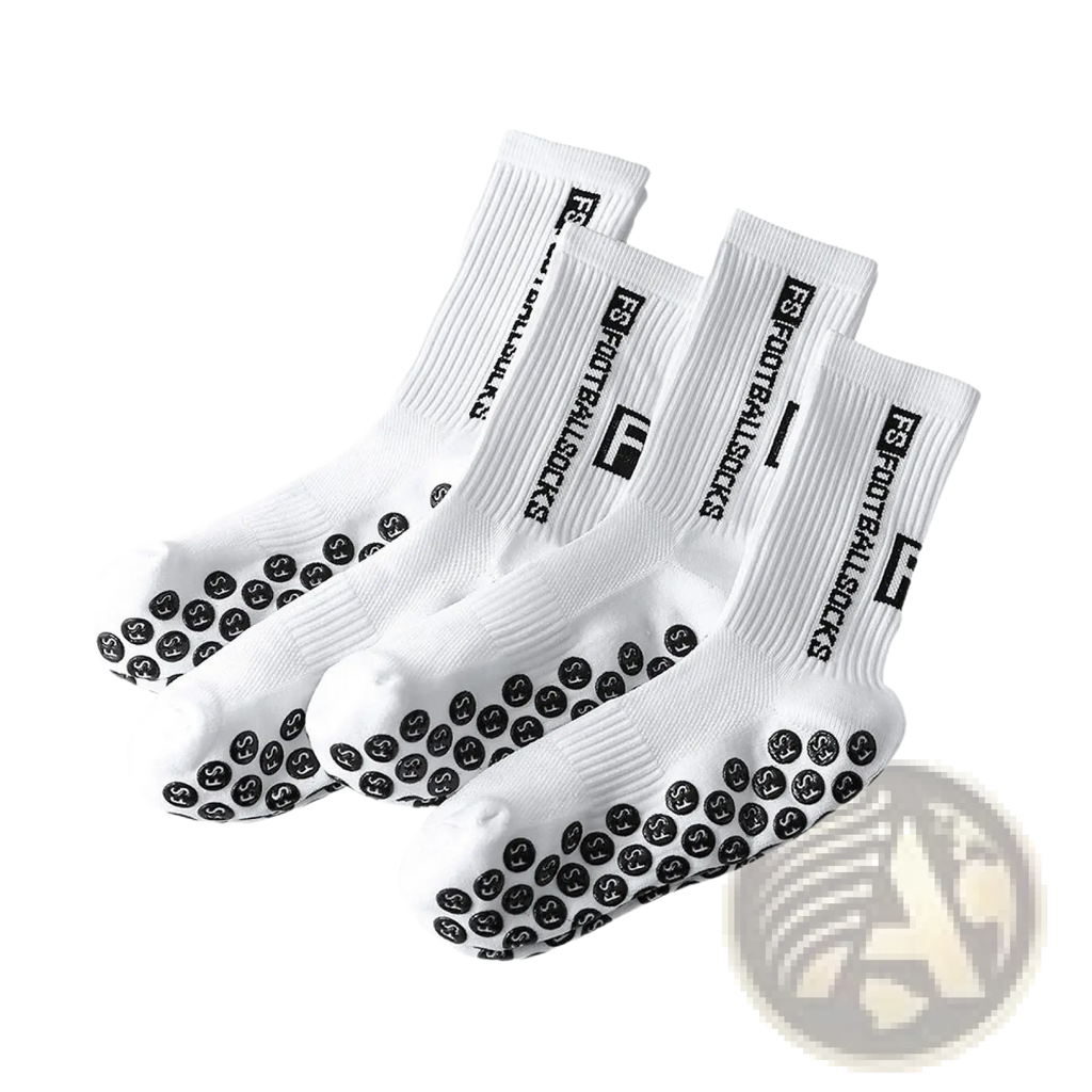 White anti-slip football grip socks for men with black sole dots and ribbed cuff labeled fs football socks show back side