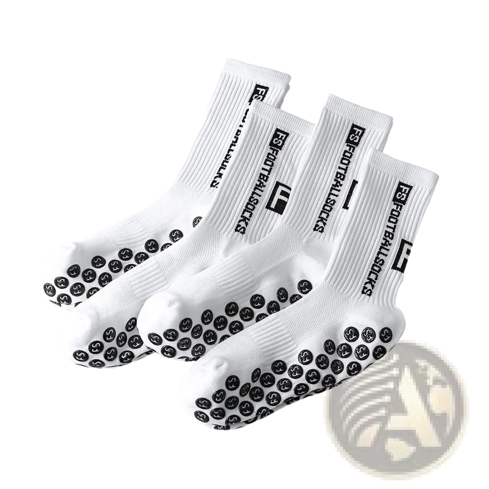 White anti-slip football grip socks for men with black sole dots and ribbed cuff labeled fs football socks show back side