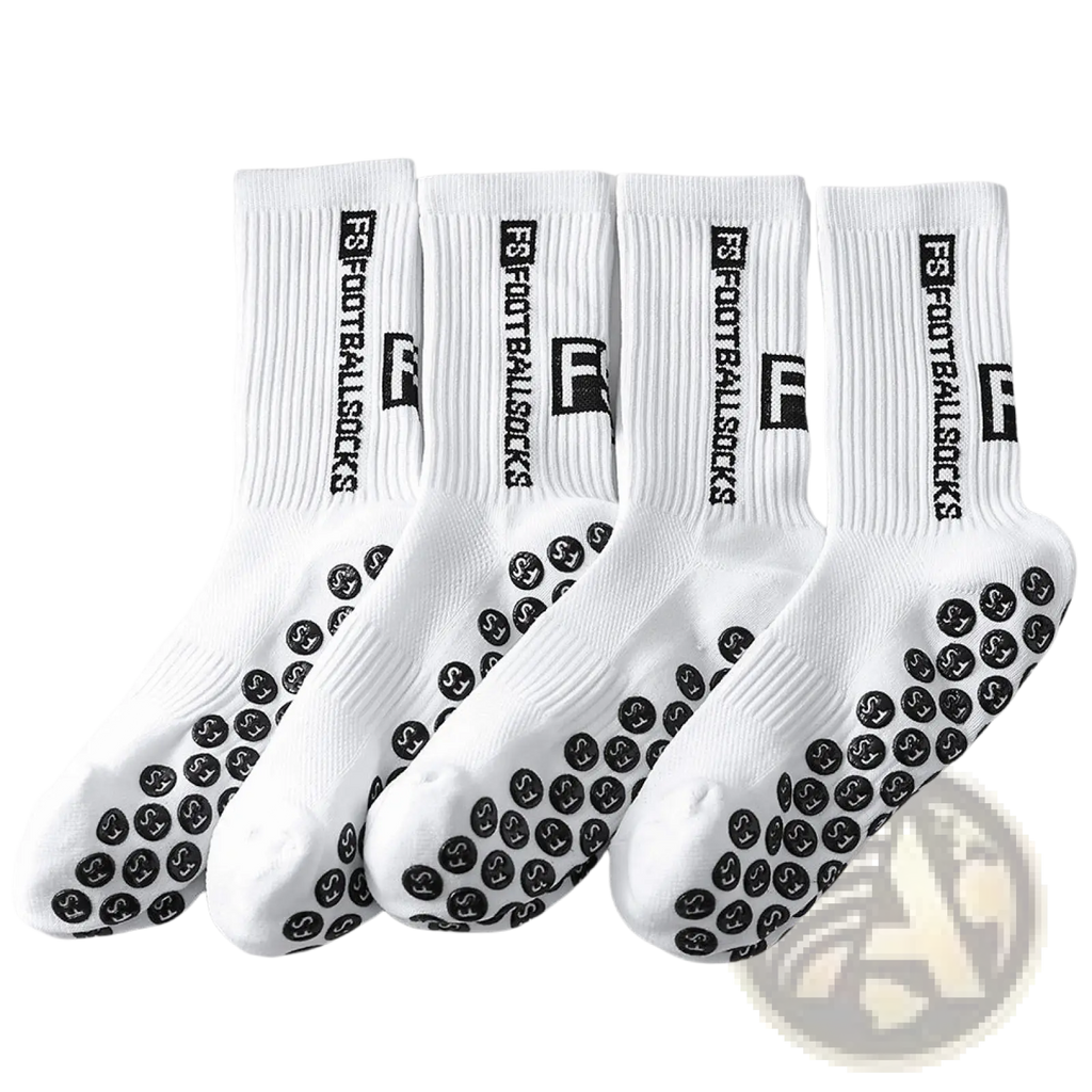 White anti-slip football grip socks for men with black silicone dots and f5 football socks branding on the side